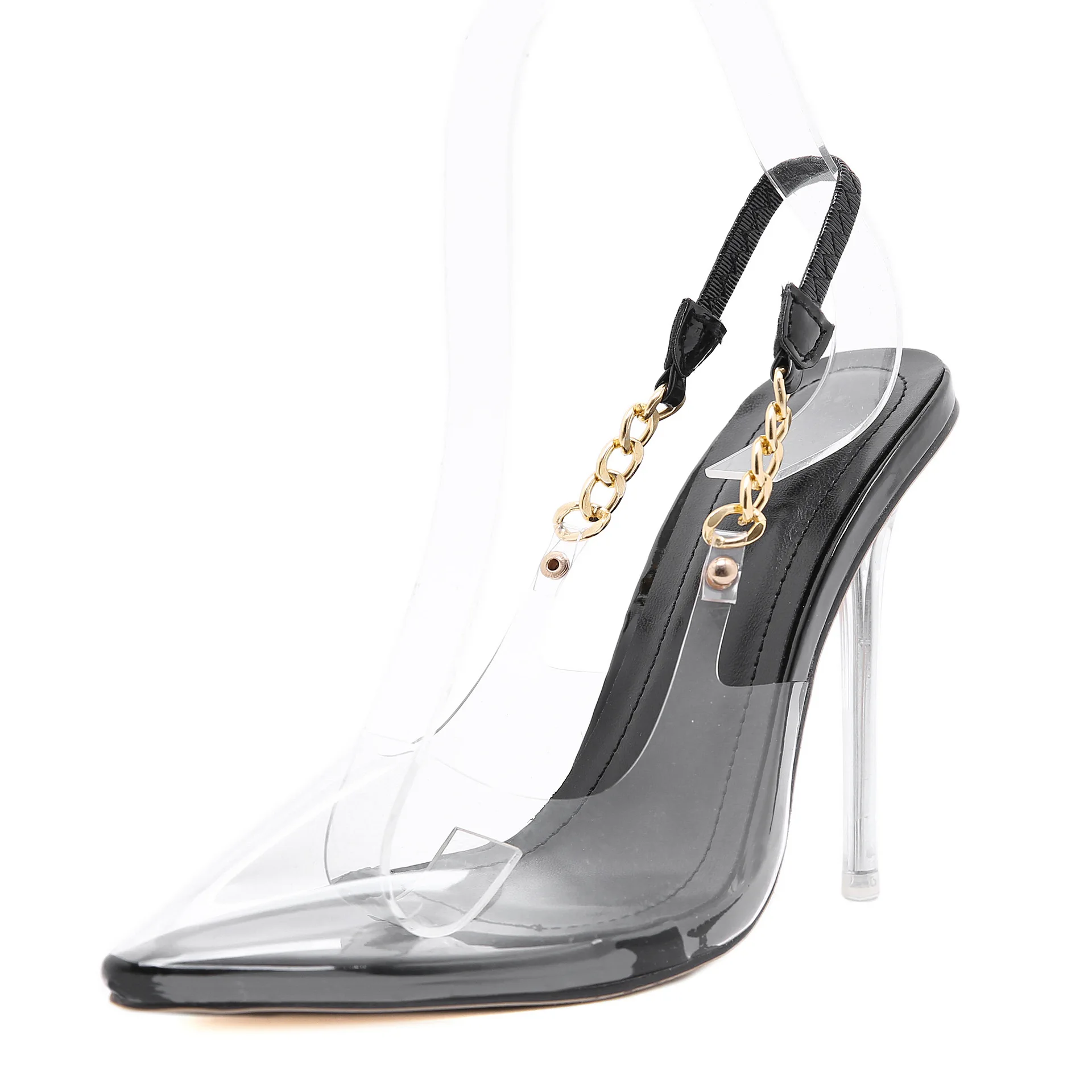 

2021 metal chain transparent high heel shoes pointed thin heel sandals