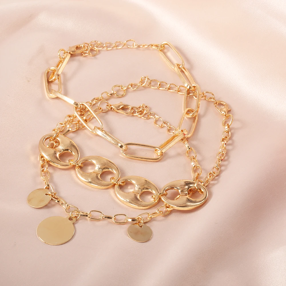 Винтажный Золотой комплект с кронштейном панк цепочка монеты ретро браслет