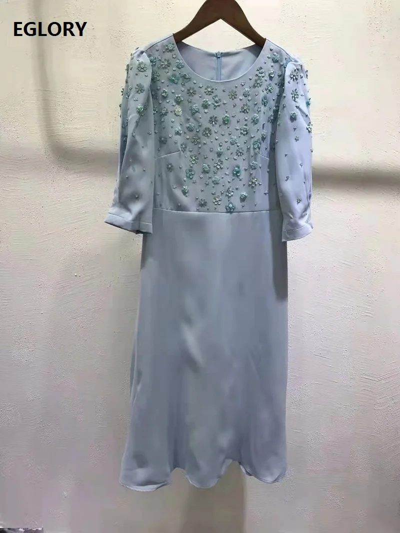 

Sequined Dress 2021 Spring Summer Style Women O-Neck Beading Flowers Deco Half Sleeve Mid-Calf Blue Apricot Black Elegant Dress