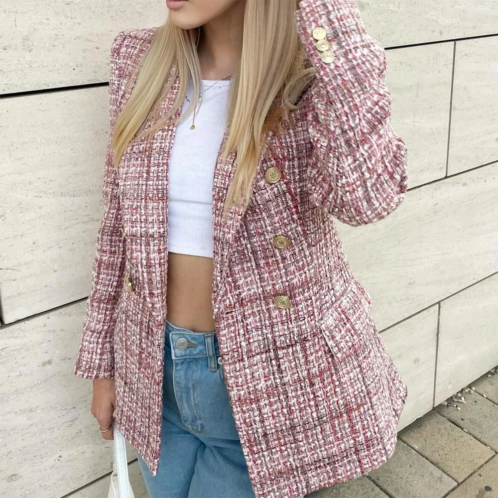 

XEASY 2021 Tweed Women Vintage Pink Plaid Long Sleeve Slim Office Lady Blazer Female Double Breasted Streetweaer Suit Top