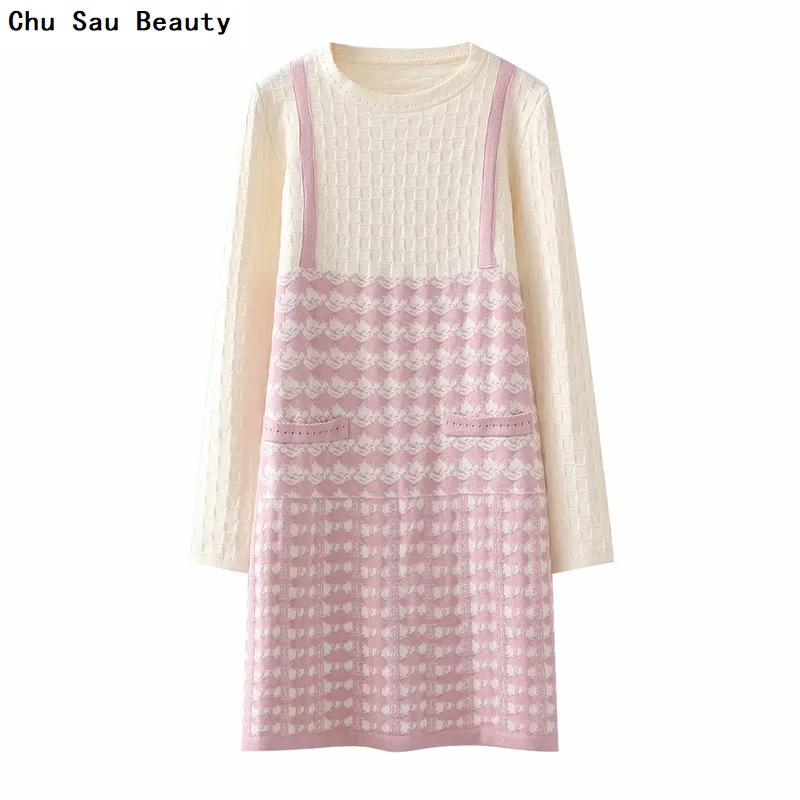 

Women's New O-Neck Fake Two-Piece pink Jacquard Sweater MIni Dress Autumn Fashion Self-Cultivation Sweet Knit Long-Sleeved Dress