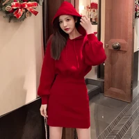 2021 winter christmas red knitted dress womens fashion warm hoodie ladies slim hip wrap new year carnival party dress