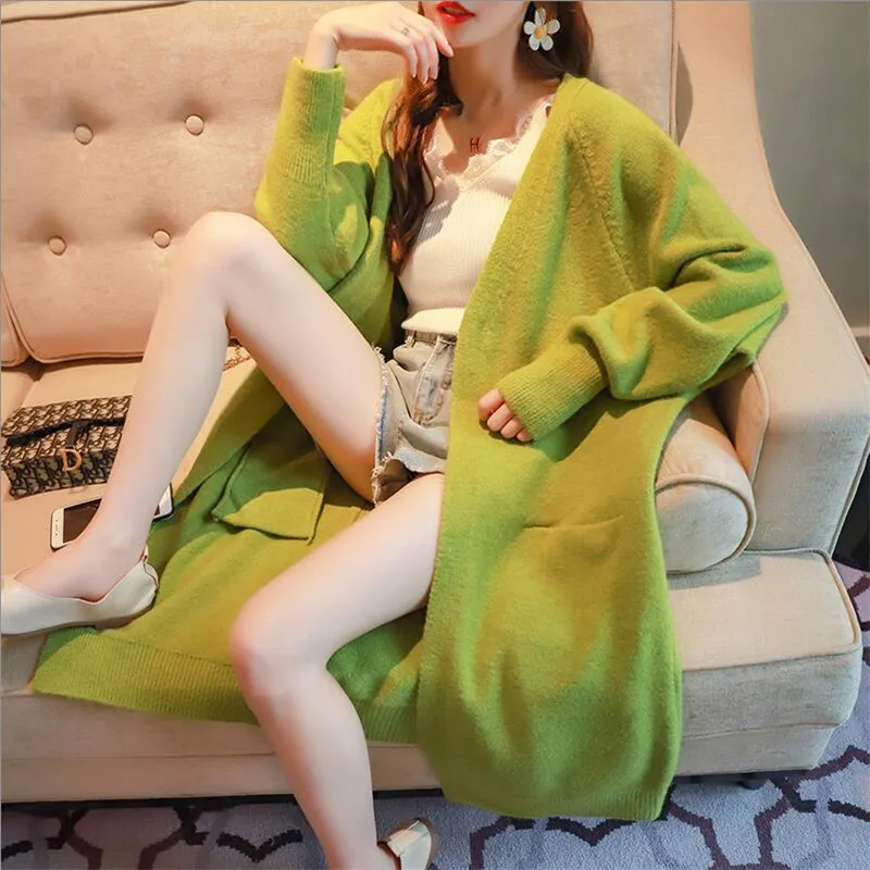 2019 авокадо зеленый женский свитер-кардиган с длинными коленями сплошной длинный