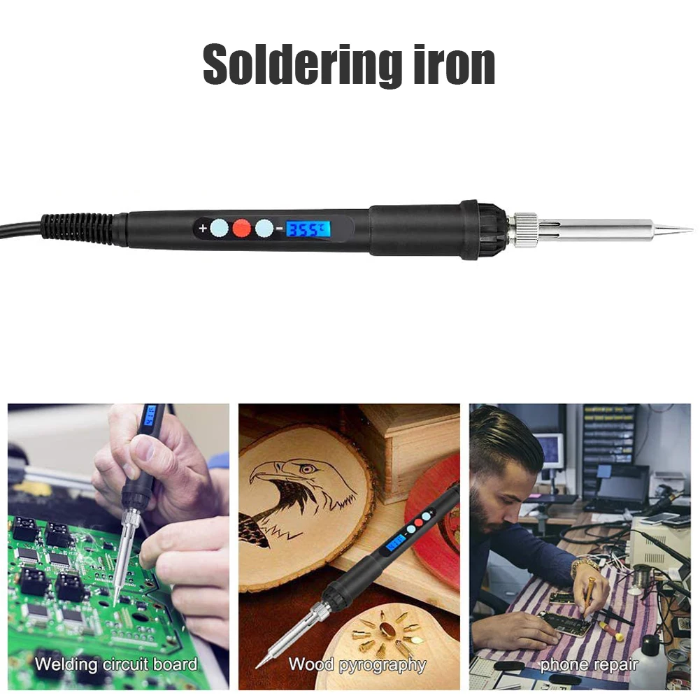 Soldering Iron Kit Temperature Adjustable Ceramic Heater LCD 60W With Tips Stand Solder Tube For Electronic DIY
