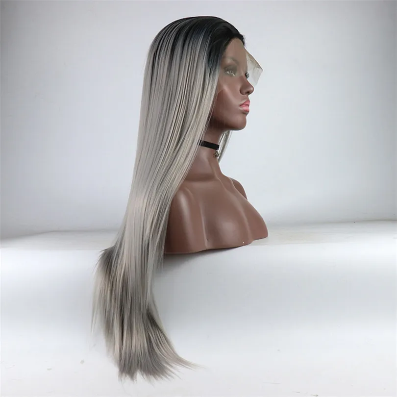 Омбре Серый 13*4 кружевной передний парик натуральные волосы термостойкие длинные