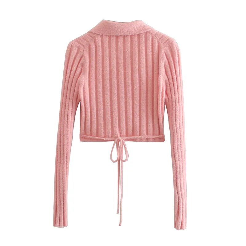 

Chic Women Knitted Cropped Cardigan Cross V-neck Long Sleeves Lace-up Sweater Pink Fashion Casual Soft Cozy Woman Sweater Summer