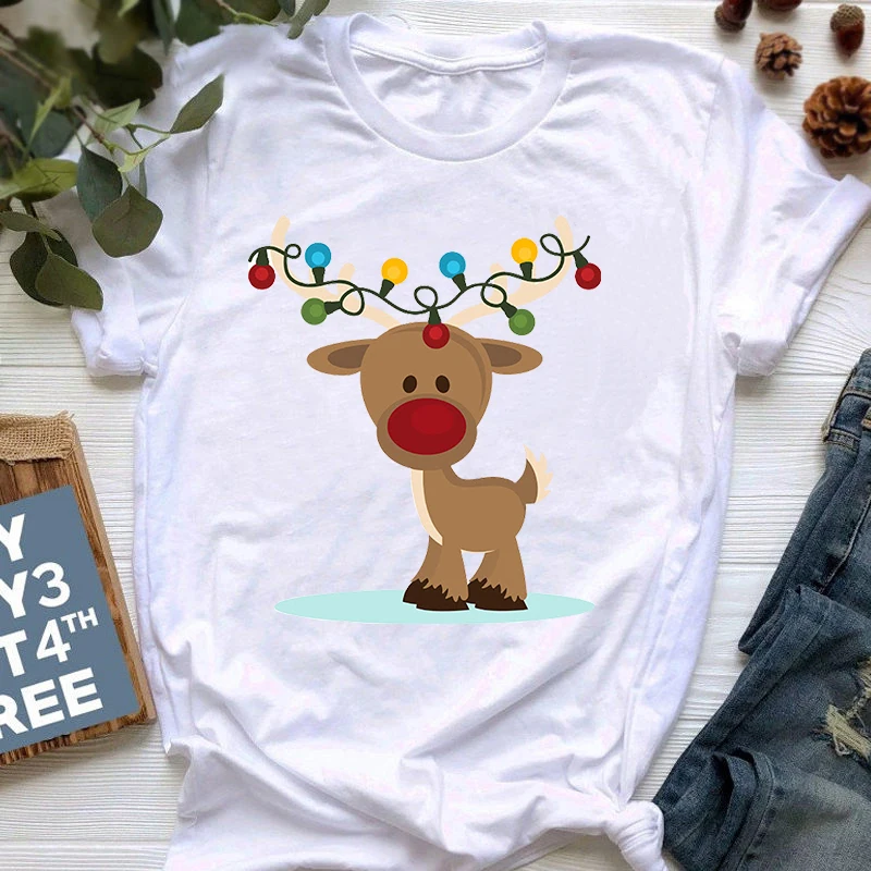 

Women Tee Santa Claus Merry Christmas Reindeer Graphic White T-shirt Women Fashion Short Sleeve TShirt Female 90s Casual Tshirt