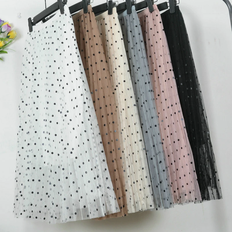 Весенне-Летние Плиссированные Длинные сетчатые юбки в горошек с эластичной
