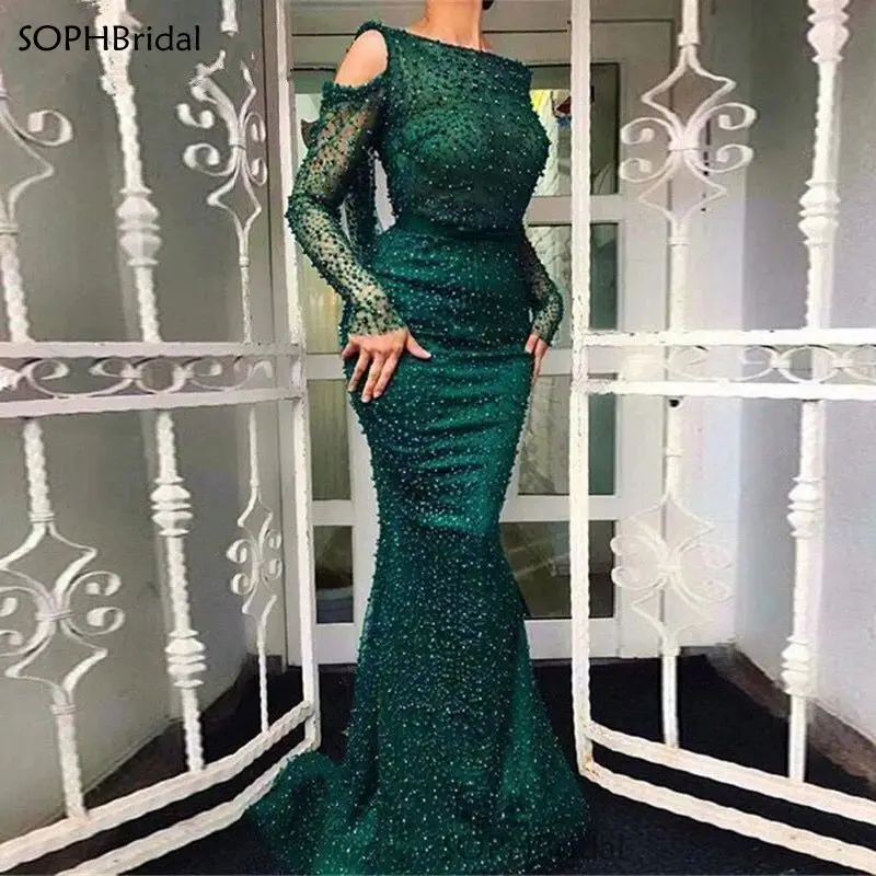 

Новое поступление Роскошные вечерние платья из жемчуга с низким вырезом на спине и длинными рукавами для выпускного вечера Scoop Тюль Арабски...