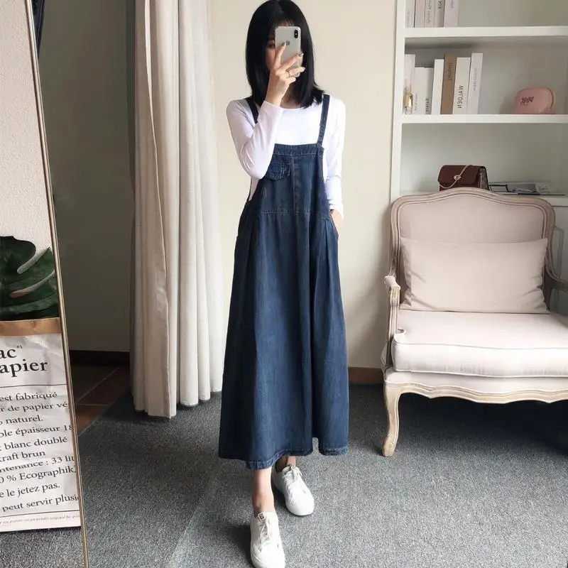 

Denim Dress Women Fashion Solid O Neck Sleeveless Backless Pocket Calf Cotton Strap Long Dress Office Lady Vestido De Mujer F166
