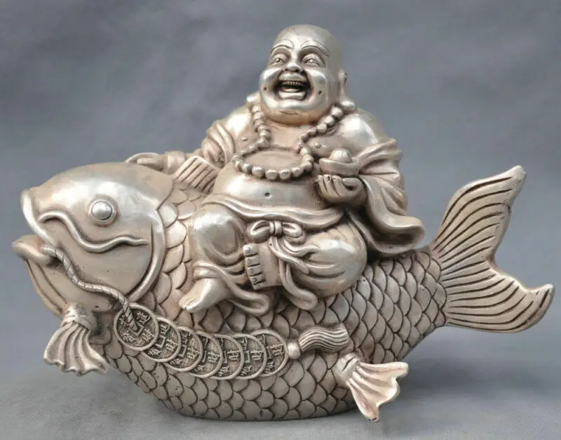 

China White Copper Happy Maitreya Buddha Monk Ride Fish Statue