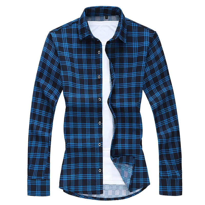 

Sleeve Long Oversized Men's Shirt High Quality Casual Fashion Classic Blue Plaid Shirts Cotton Christmas Gift 5XL 6XL 7XL 9688