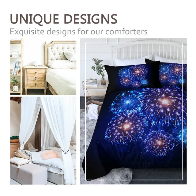 BlessLiving Firework Quilt Set Queen Size Blue and Gold Comforter Cover Festival Colorful Bedclothes Cozy Bedlinen Set 3-Piece 2