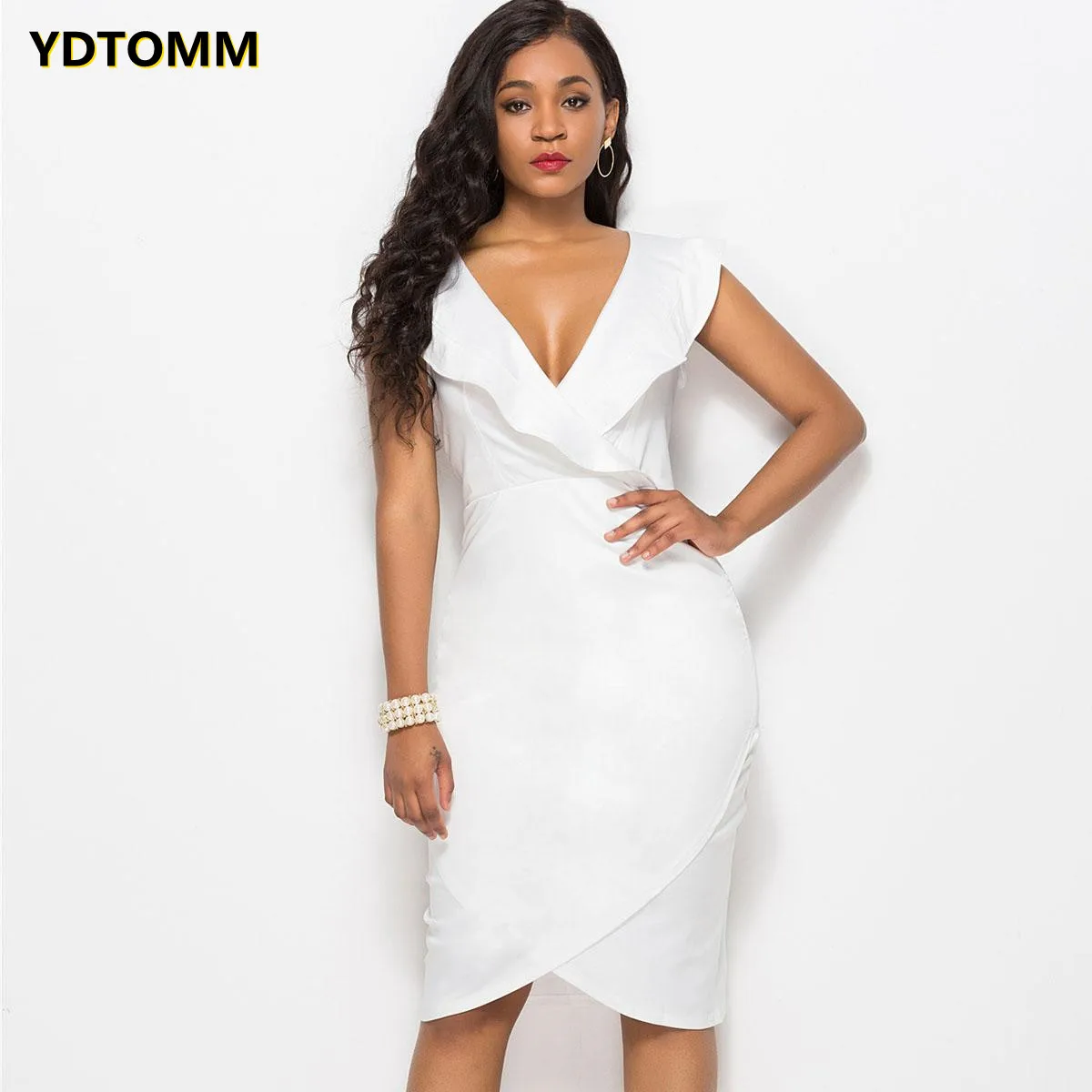 

Sexy V Neck Ruffles Dress Women XXL Size Slim Office Bodycon Dresses Solid Elegant Long Party Dress New Arrival 2021 Sale Items