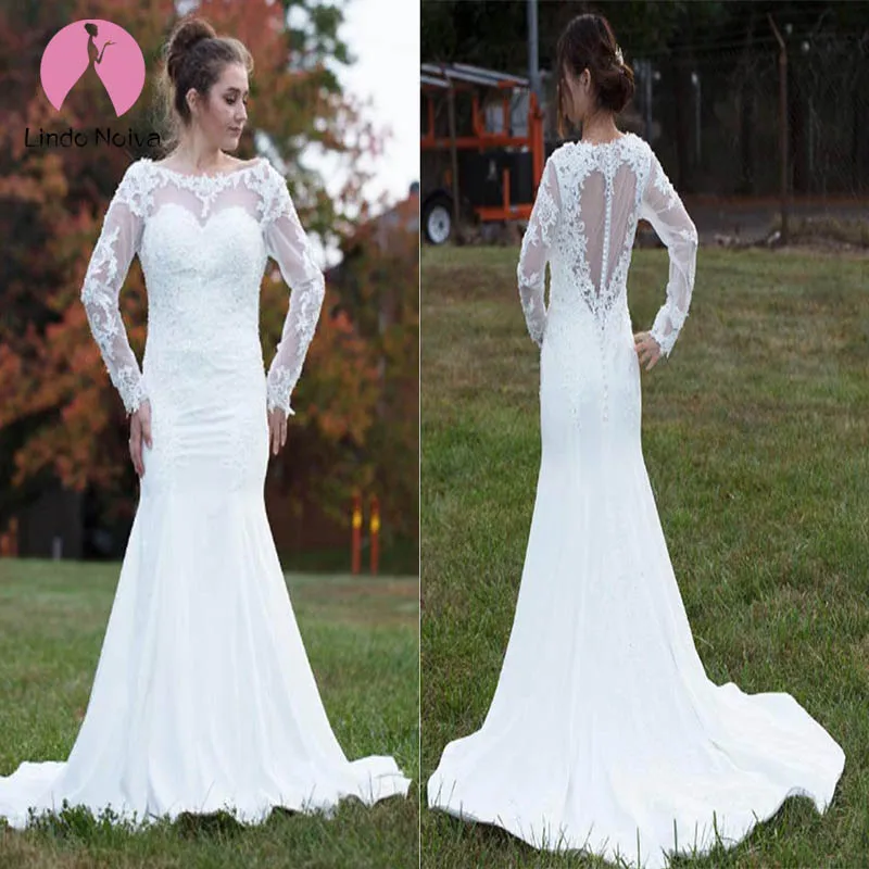 Boho Русалка Свадебные платья 2019 элегантные с длинным рукавом и круглым вырезом