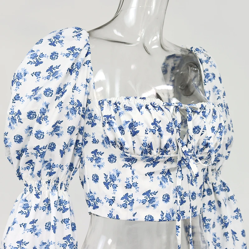 

Women Floral Tops White Sweet Square Neck Long Puff Sleeve Ruched Drawstring Crop Top Autumn Woman Party Blouse 2020 New
