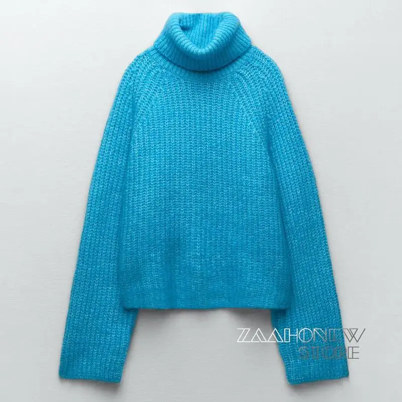 

Новинка Осень-зима, женская синяя теплая водолазка ZAAHONEW, свитер, повседневный короткий вязаный пуловер, женские топы