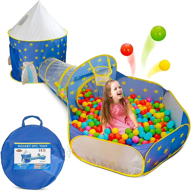 

3 In 1 Kids Rocket Tents Crawl Tunnel Ball Pit Children Castle Playhouse for Boys Girls Indoor Outdoor Children's Tent
