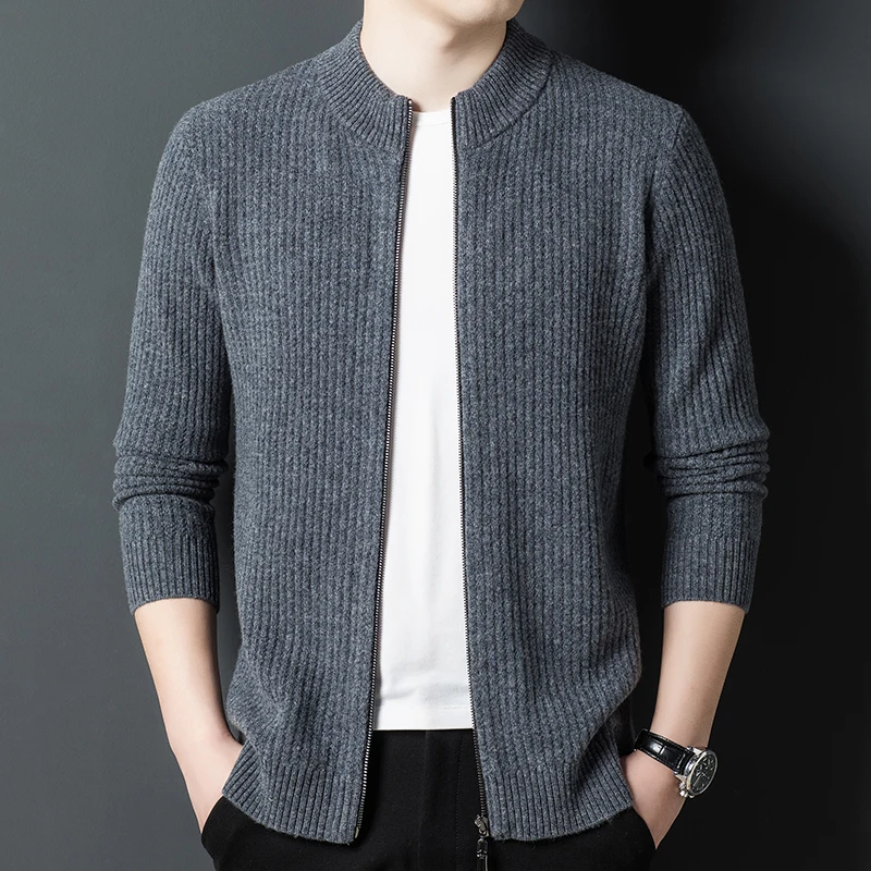 Men's 100% Sheep Wool Cardigan Autumn & Winter Zipper Sweaters Casual Male Thick Purer Wool Knitwear Long Sleeved Warm Knit Coat