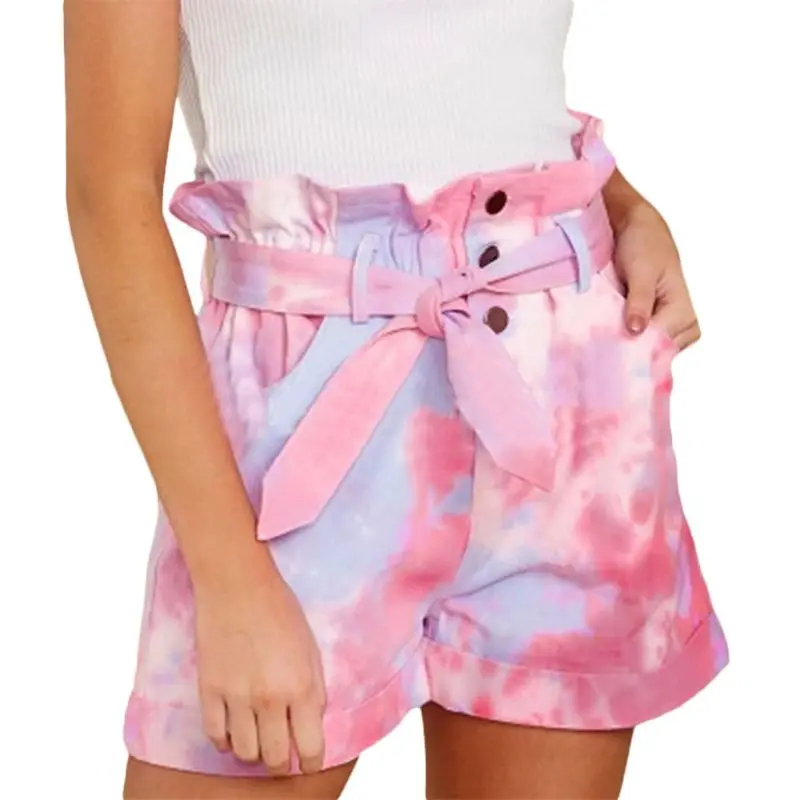 

Women Summer Tie-Dye Shorts Ruffles High Waist Bowknot Casual Loose Pants S-5XL
