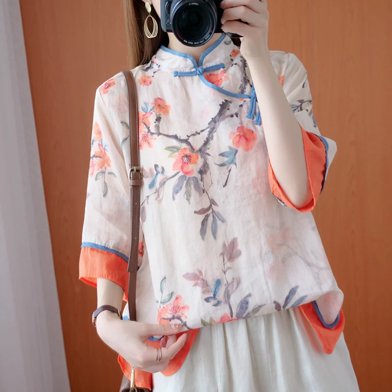 

Chinese women's retro buckle button Hanfu Tang suit improved version women's summer fashion cotton and linen cheongsam tops