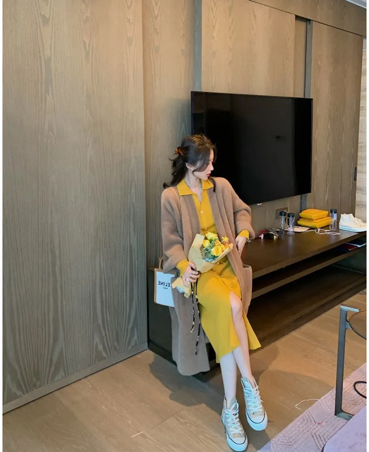 

Women 2020 Autumn Winter New Imitation Mink Coat Female Long Sleeve Loose Cardigan Warm Casual Knitted Lazy Wind Overcoat