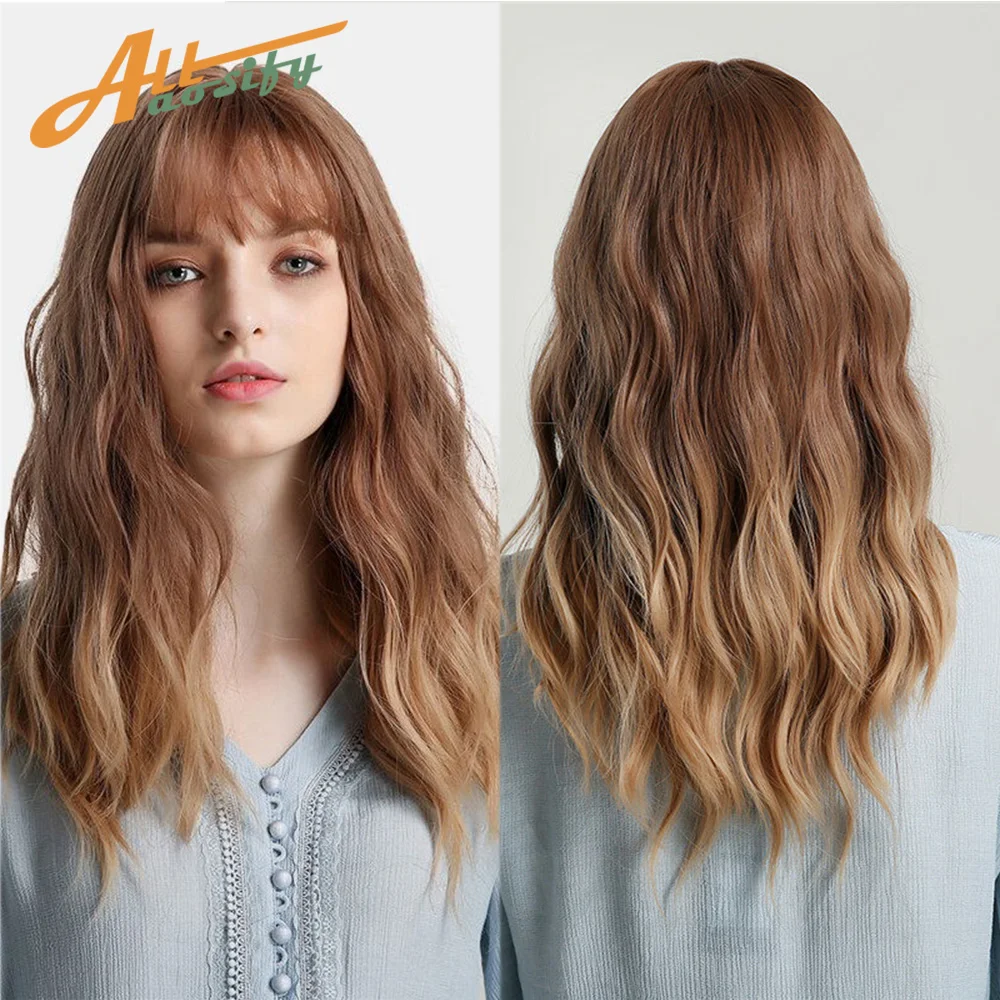 Allaosify 26inch Long Water Wave Hair Synthetic Wigs Neat Bangs Fluffy Natural Wigs Brown Blonde Black Red cos wig Daily use Wig