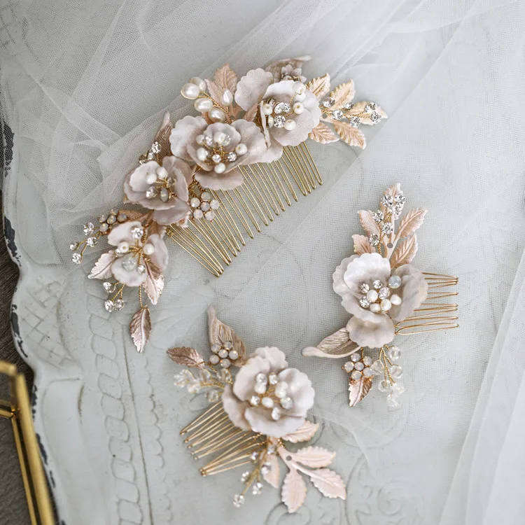 

Gold Color Flower Hair Jewelry Bridal Comb Pin Leaf Headpiece Handmade Wedding Accessories Women Hair Ornament