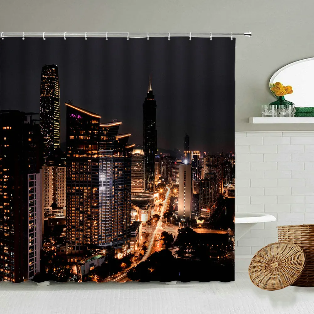 

European And American Architecture Shower Curtain City Scenery Bathroom 3D Waterproof Polyester Screen Decoration With Hook Set