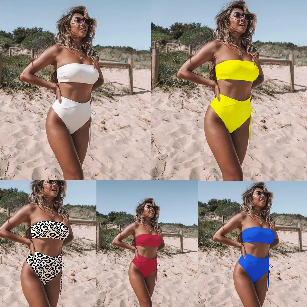 

2021 Fashion European and American New Solid Color High Waist Sexy Chest Strap Bikini Summer Leopard Print Beach Swimsuit