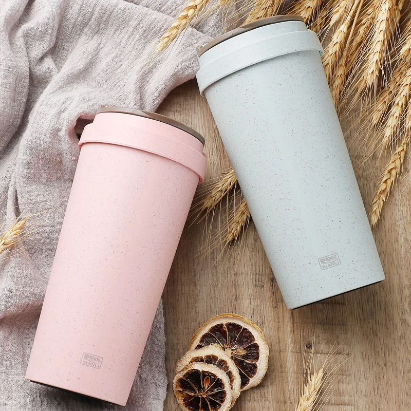 

High Quality Pastoral Wheat Fiber Hand Milk Cups Cola Coffee Cup Student Sport With Cover Accessible Thermo Lid Drinking Water