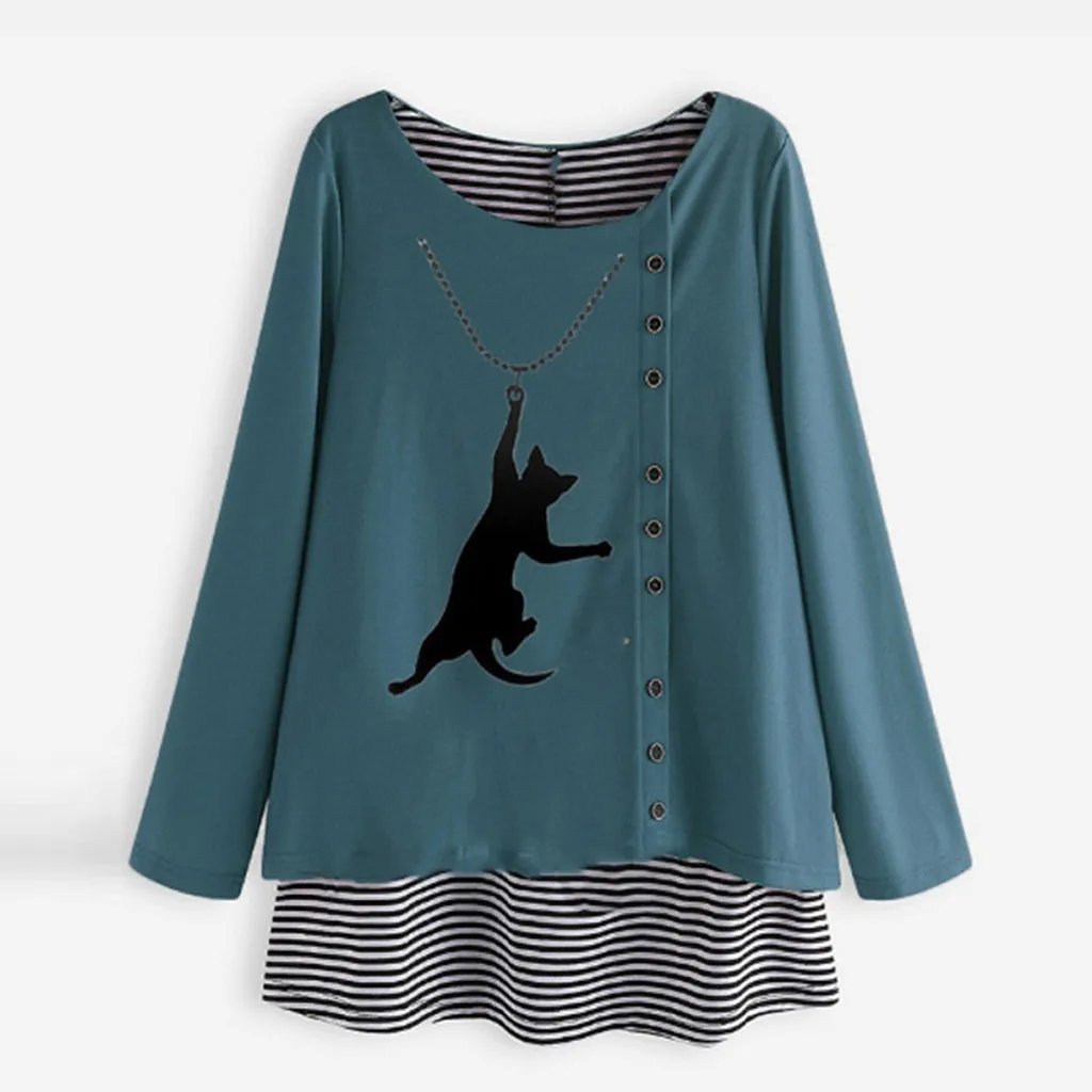 Рубашка с рисунком кота из мультфильма топы пуговицами полосатая Лоскутная