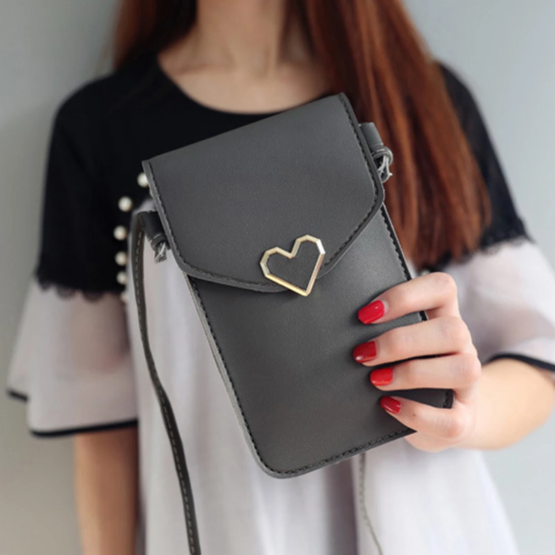 

Touch Screen Mobile Phone Package For Women Ladies Transparent Shoulder Bag Simple Retro Female Heart Shape Student buckle Pouch