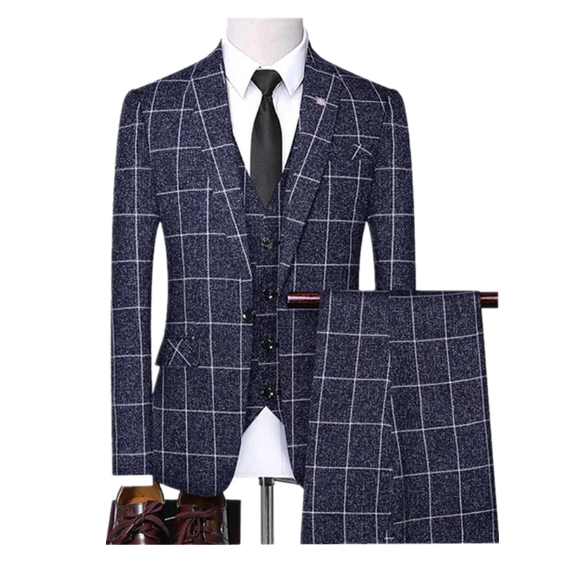 

2021 Men's Fashion Slim Fit Plaid Tuxedo Suits Business and Wedding Casual Clothing Grooms Man Three-Piece Suit Sets