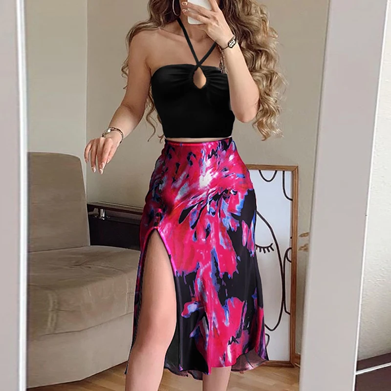 

Autumn Halter Crop Top with Skirt Two Piece Set Ladies Print Polka Dot Split High Waist Skirt Party Women Skinny Skirt Suit 2021