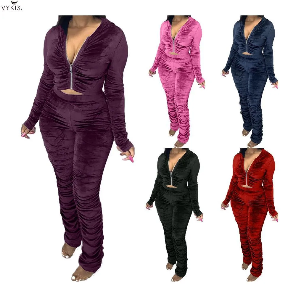 

Winter Suit Velvet Stacked Women Two Piece Outfits Zipper Hoodies Ruched Pants Sets Sport Tracksuits Sportwear Active Sweatsuits