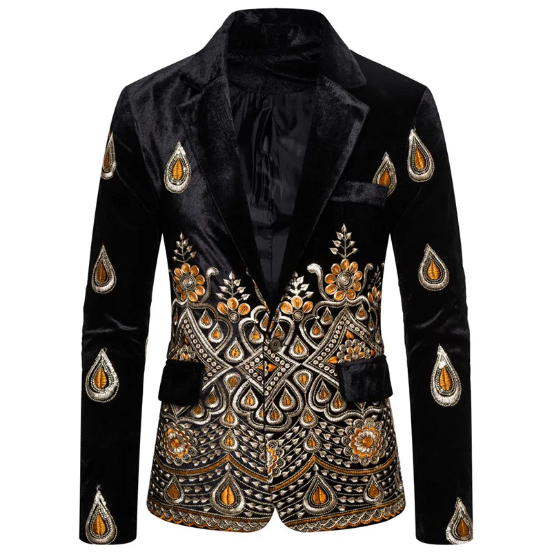 

2021 Velvet One Button Men's Gold Thread Embroidered Suit Dress Slim Suit Performance Suit