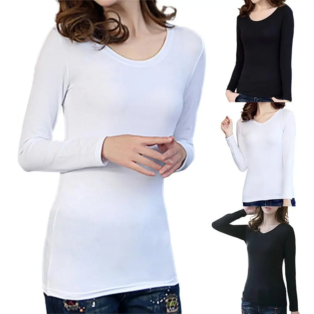 

Slim Long Sleeve Solid Color V-neck/O-neck Skinny Top Bottoming Shirt for Daily Life