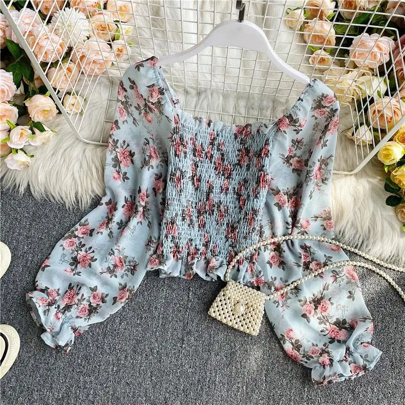 

Retro Sexy Floral Square Neck Chiffon Shirt Long-sleeved Temperament High-waist Short-striped Collar Off-shoulder Top