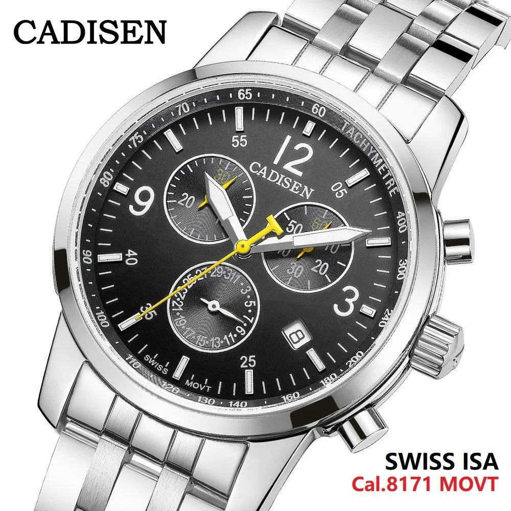 

Часы CADISEN для мужчин C7053 Автоматическая дата Швейцарский механизм ISA Cal.8171 Мужские кварцевые наручные часы с сапфировым стеклом 5ATM Часы с хро...