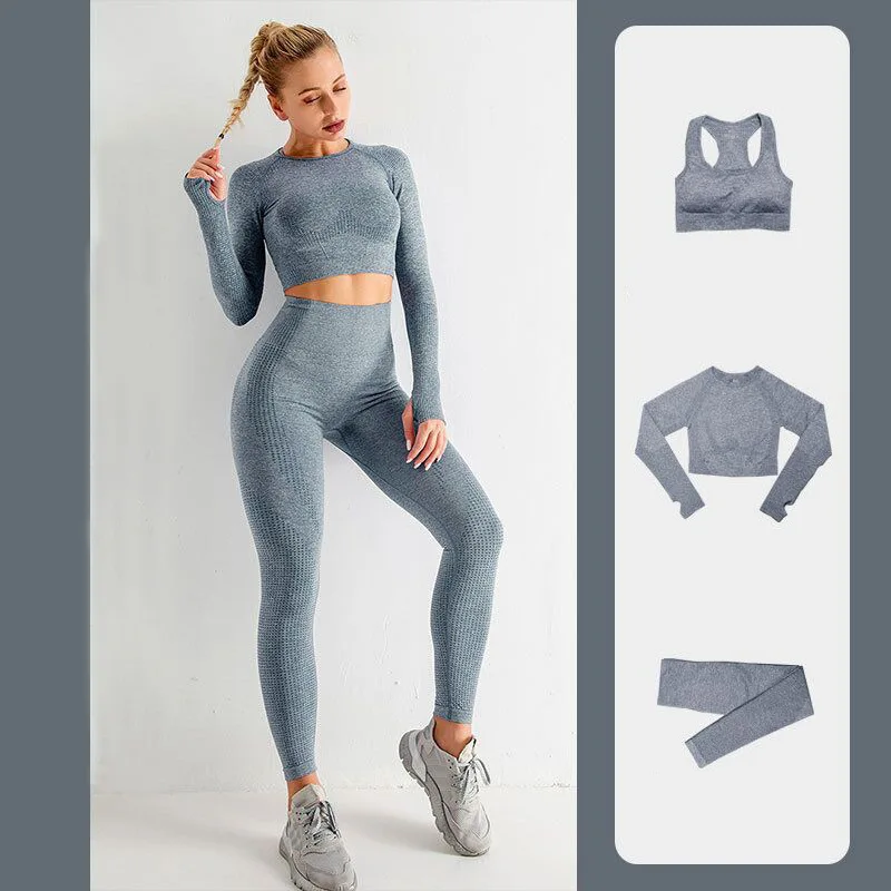 

3 Piece Yoga Set High Waist Sport Leggings Pants+T Shirts+Sports Bras Seamless Compression Tight Tops Push Up Women Clothing Set