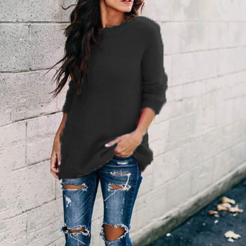 Женский осенний свитер с круглым вырезом повседневный однотонный трикотажный