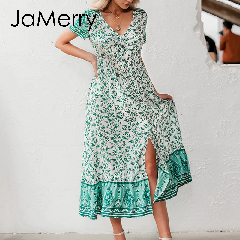 JaMerry бохо v образный вырез цветочное длинное платье женское богемное на пуговицах