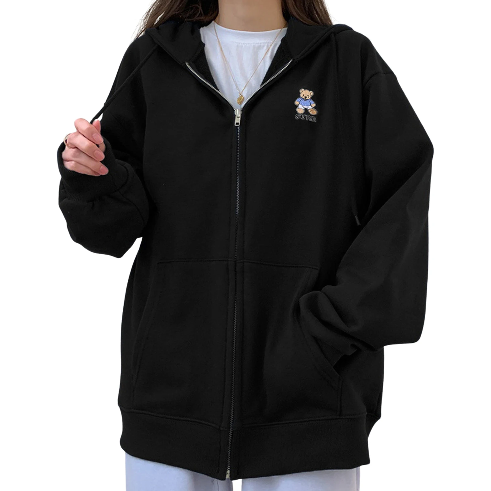 

Women’s Casual Long Sleeve Cardigan Cartoon Little Bear Embroidery Zipper Hooded Sweatshirt