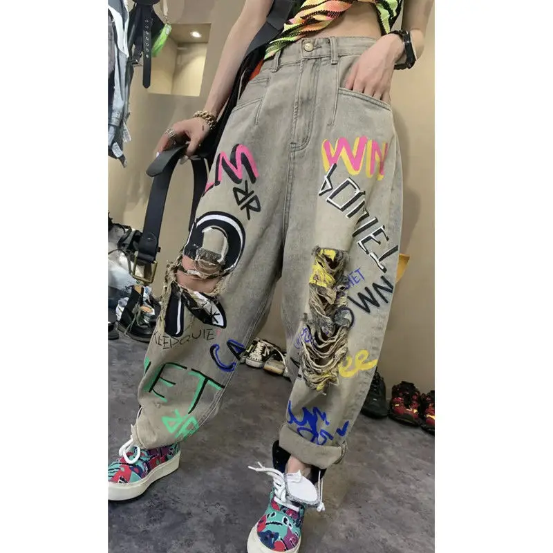 

Summer Women's Casual Fashion Patchwork Harajuku High Waist Jeans 2021 New Graffiti Harlan Cotton Trousers Ladies Large Rotten