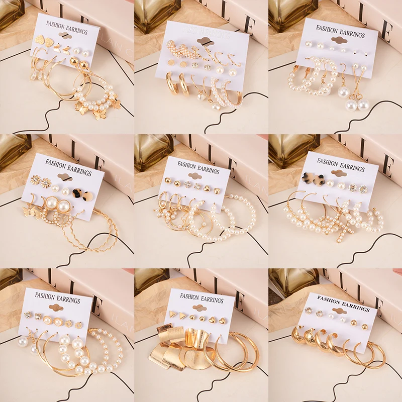 

New Bohemian Fashion Tassel Set of Earrings Geometric Pearl Gold Metal Dangle Earrings for Women Punk Female Jewelry 2021 Gift