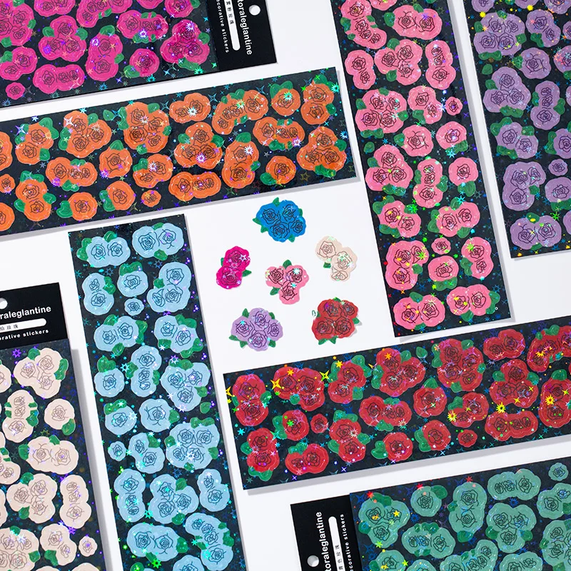 

Sequin Laser Flower Rose Stickers Scrapbooking Hand Account DIY Decoration Material Diary Album Cute Korean Stationery Sticker