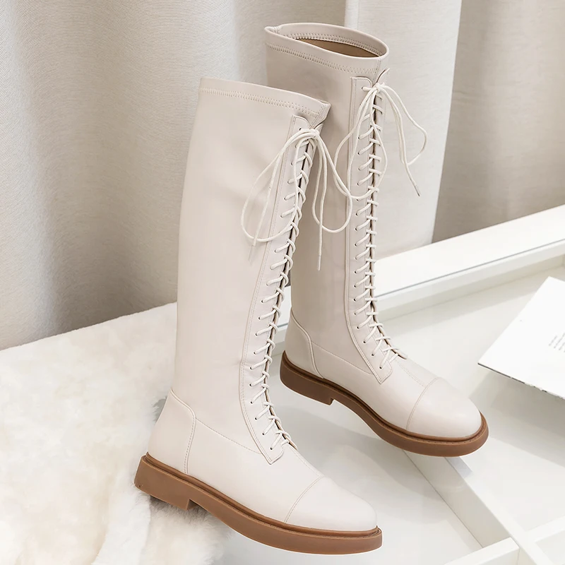 

Cross Tied Women Knee High Boots Party Dancing Shoes Woman Genuine Leather low Heels Autumn Winter Fashion Riding Boots