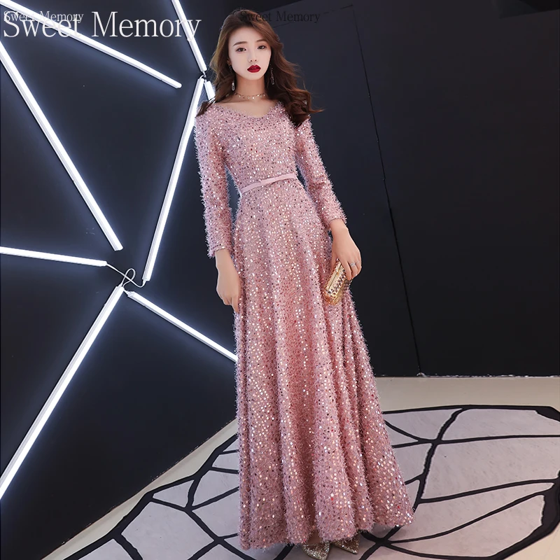

2021 Long Sleeve Shiny Sequins Wine Red Black Pink Evening Dresses Sweet Memory Women Floor-Length Dress Lady Wedding Party Robe