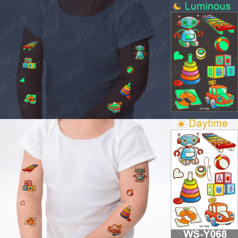 

10 Kinds Of Cartoon Transportation Luminous Tattoo Airplane Cars Motorcycles Children Kids Tatoo Waterproof Temporary Tatto